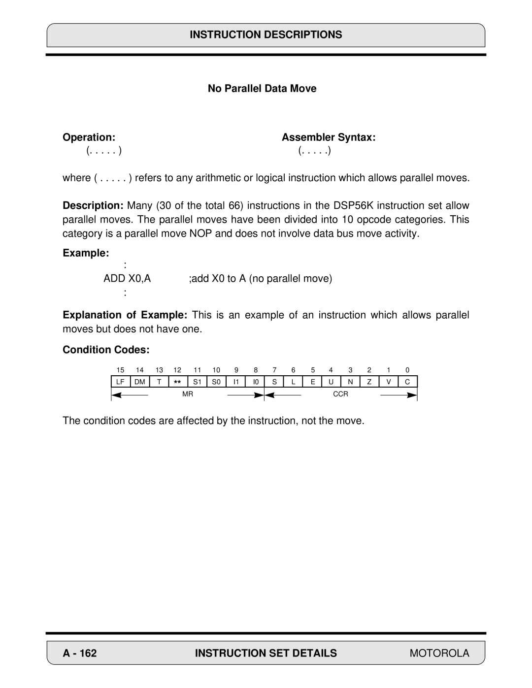 Motorola 24-Bit Digital Signal Processor, DSP56000 manual No Parallel Data Move Operation Assembler Syntax, Example 