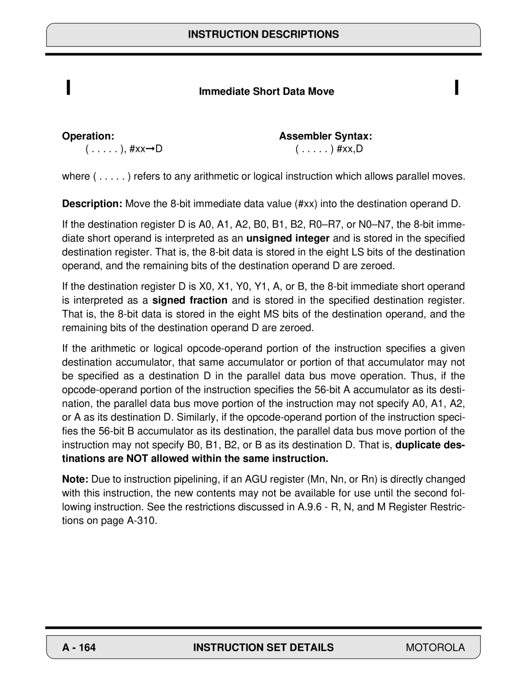 Motorola 24-Bit Digital Signal Processor Immediate Short Data Move, Tinations are not allowed within the same instruction 