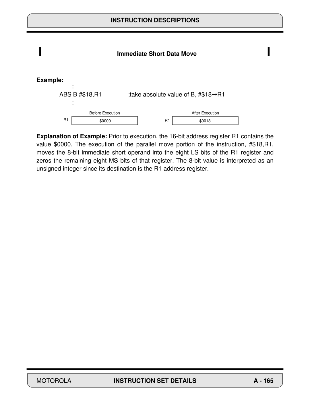 Motorola DSP56000, 24-Bit Digital Signal Processor manual ABS B #$18,R1 Take absolute value of B, #$18R1 