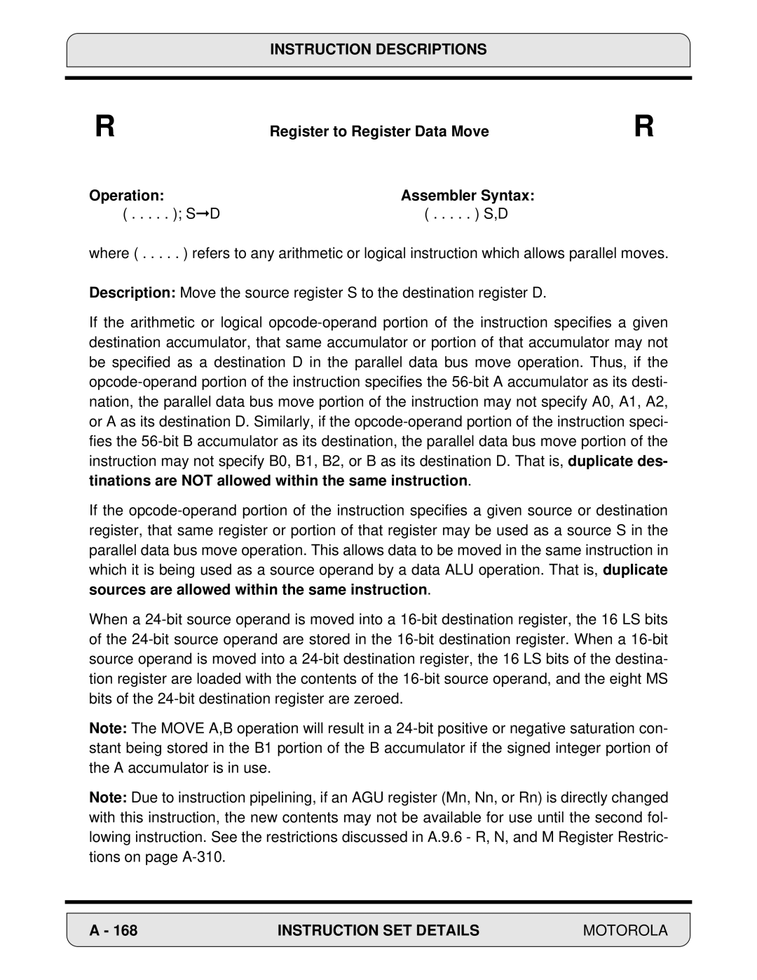 Motorola 24-Bit Digital Signal Processor, DSP56000 manual Register to Register Data Move, Operation Assembler Syntax 