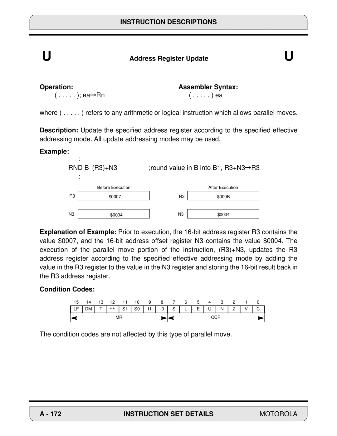 Motorola 24-Bit Digital Signal Processor, DSP56000 manual Address Register Update Operation Assembler Syntax, Example 