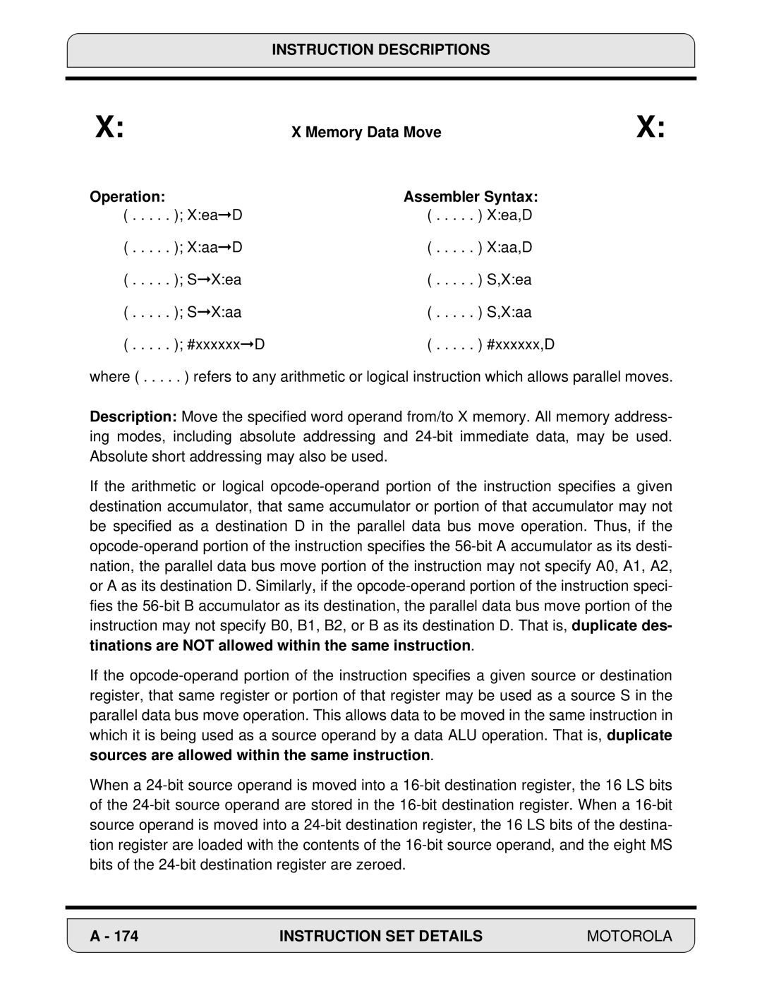 Motorola 24-Bit Digital Signal Processor, DSP56000 manual Memory Data Move Operation Assembler Syntax 