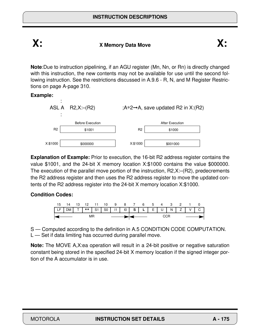 Motorola DSP56000, 24-Bit Digital Signal Processor manual Memory Data Move Example, Condition Codes 