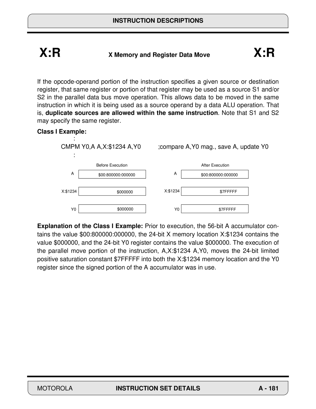 Motorola DSP56000, 24-Bit Digital Signal Processor manual Memory and Register Data Move, Class I Example 