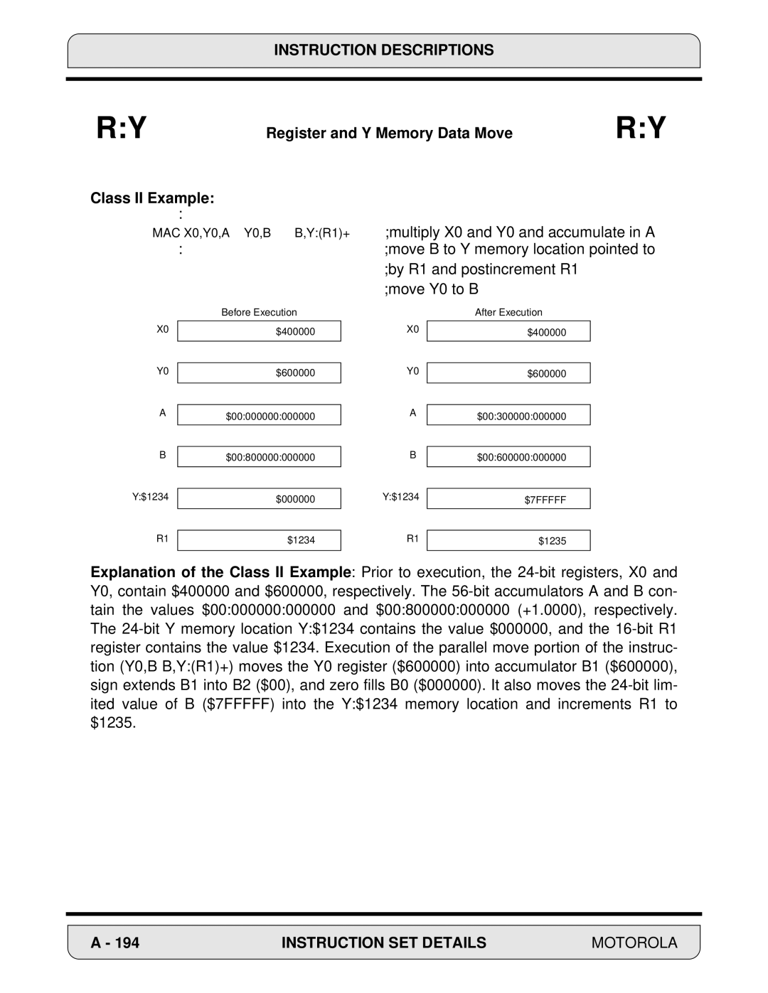 Motorola 24-Bit Digital Signal Processor, DSP56000 manual Register and Y Memory Data Move Class II Example 