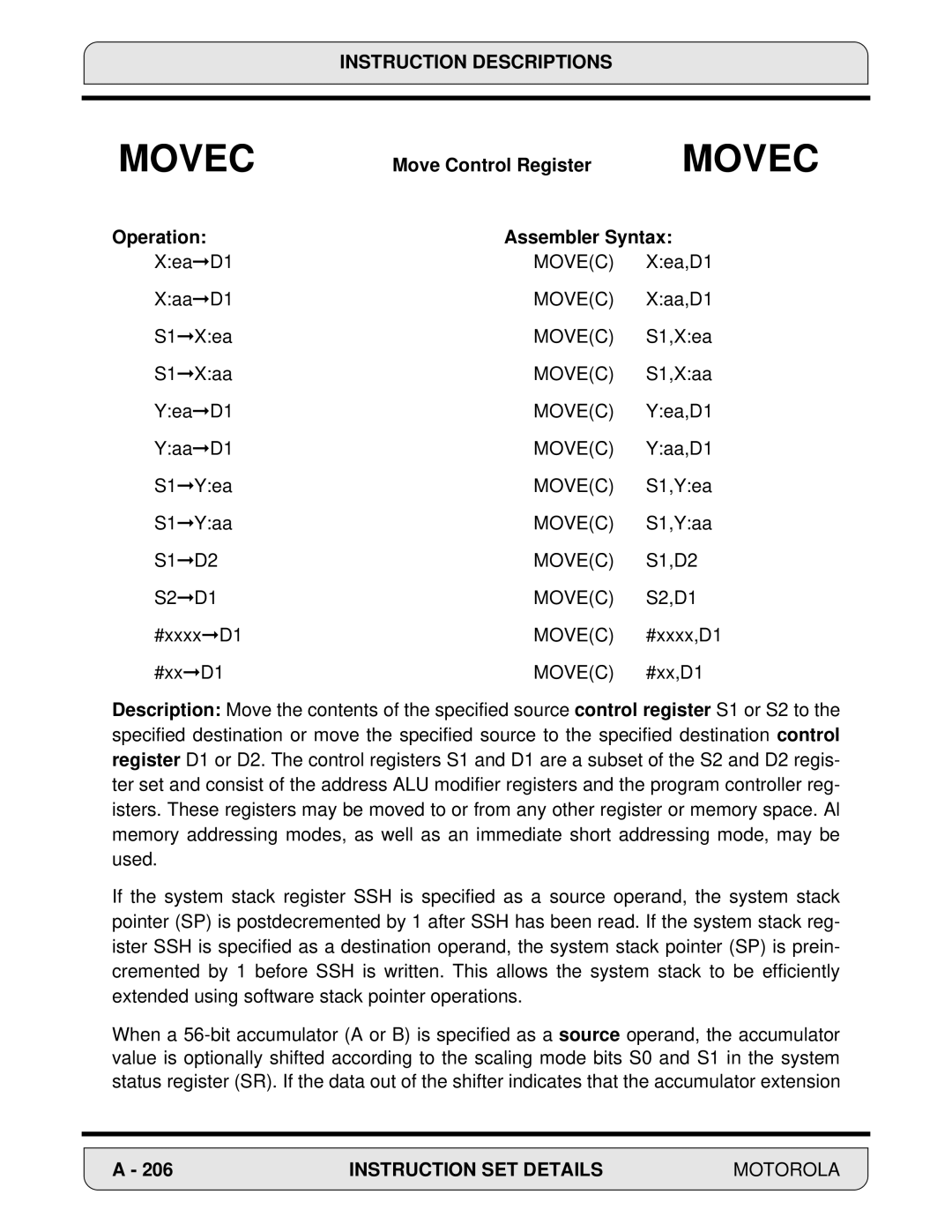 Motorola 24-Bit Digital Signal Processor, DSP56000 manual Move Control Register, Operation Assembler Syntax 