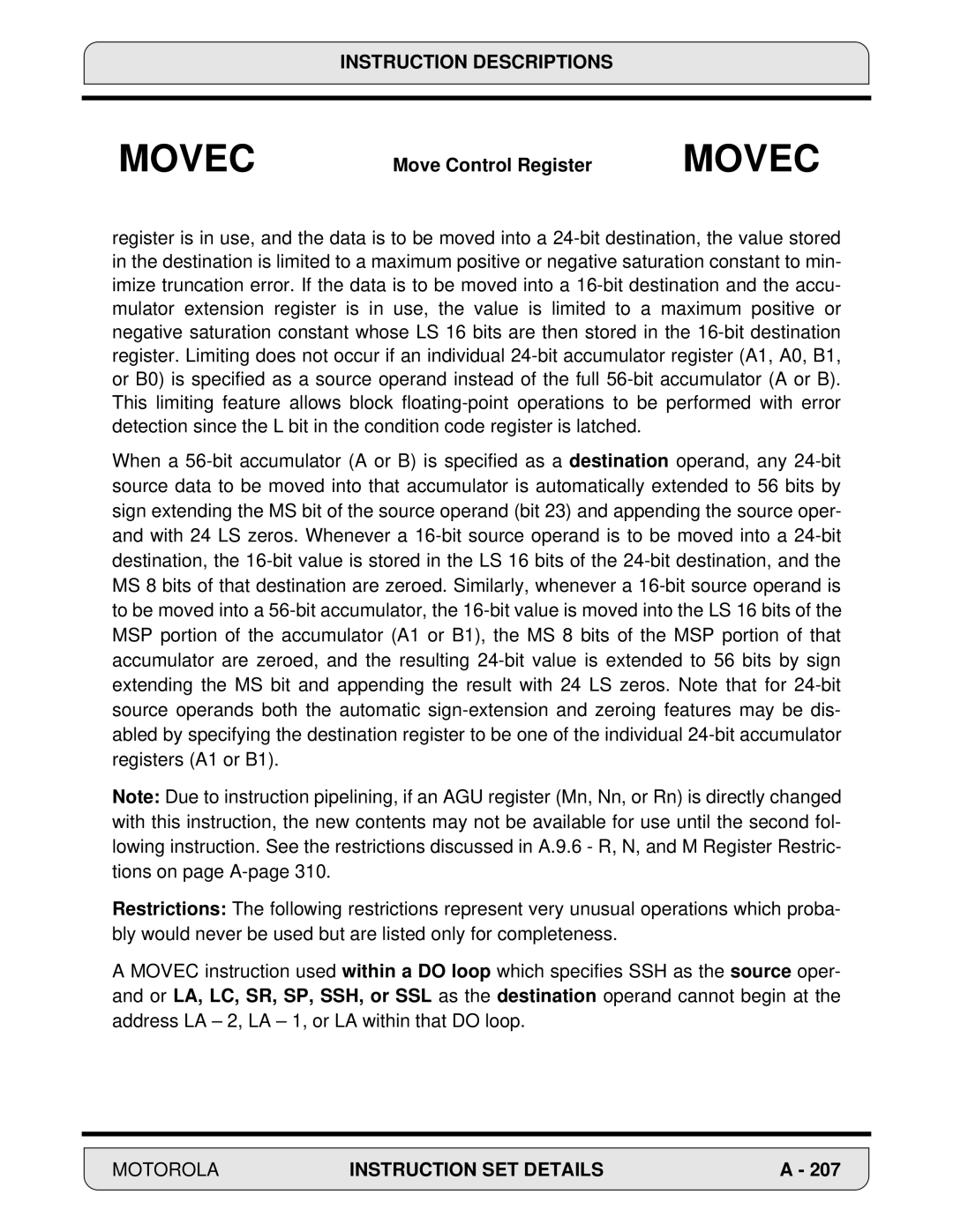 Motorola DSP56000, 24-Bit Digital Signal Processor manual Movec 