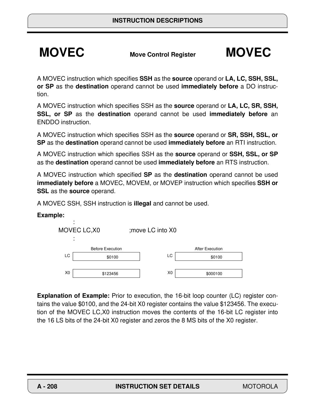 Motorola 24-Bit Digital Signal Processor, DSP56000 manual Movec LC,X0 move LC into 