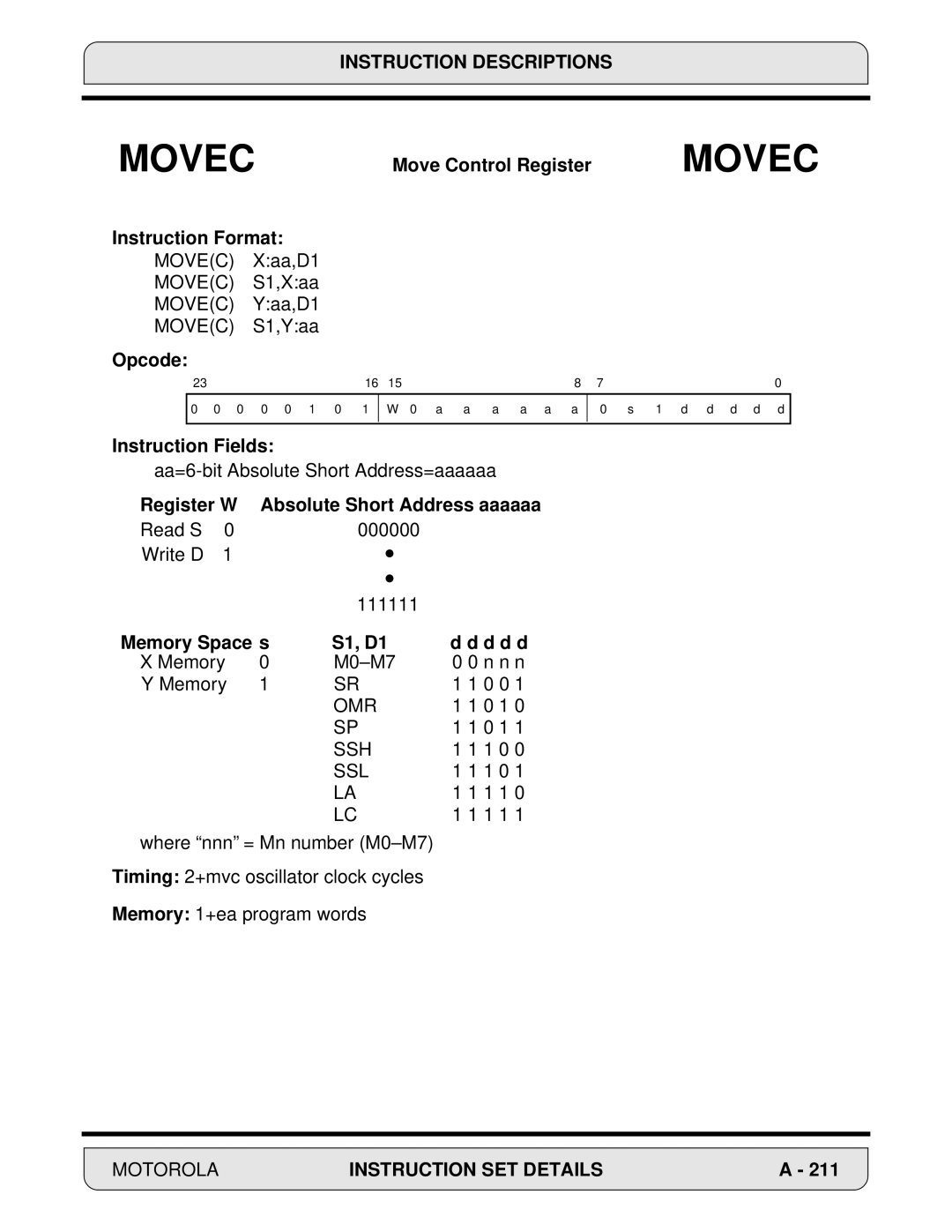 Motorola DSP56000, 24-Bit Digital Signal Processor manual Movec Xaa,D1 Movec S1,Xaa Movec Yaa,D1 Movec S1,Yaa 