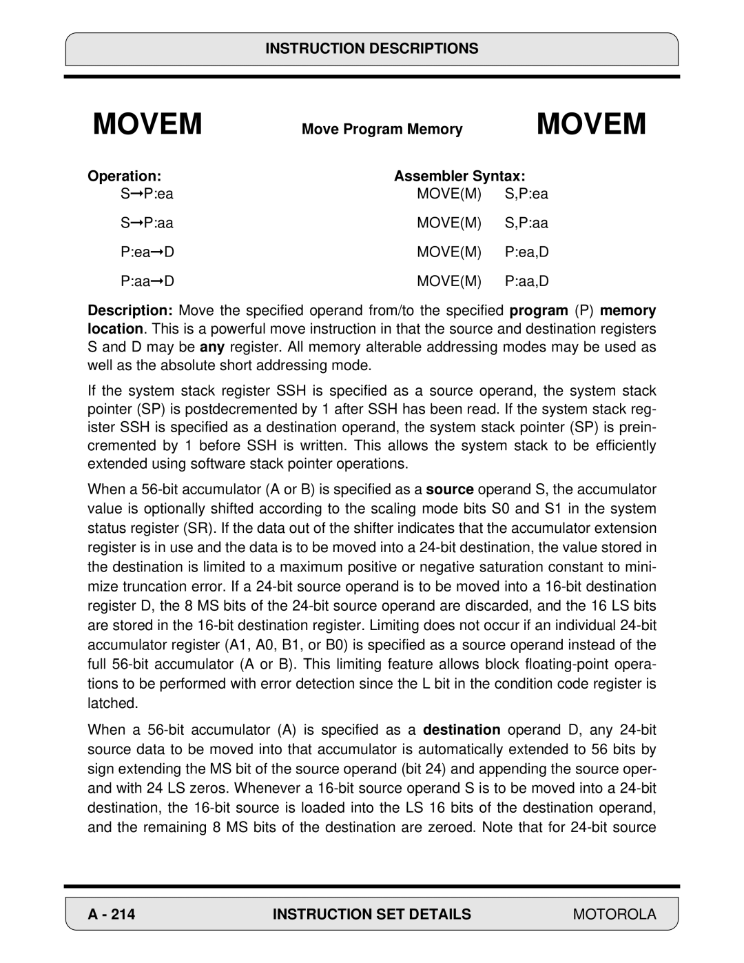 Motorola 24-Bit Digital Signal Processor, DSP56000 manual Move Program Memory, Operation Assembler Syntax 