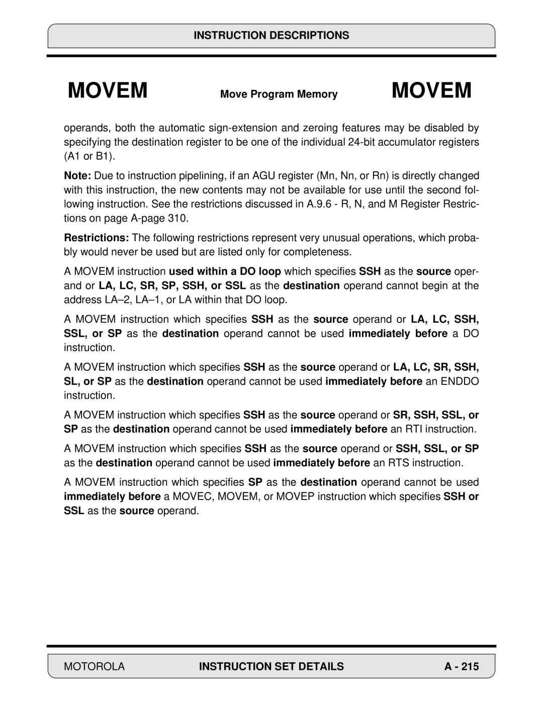 Motorola DSP56000, 24-Bit Digital Signal Processor manual Movem 