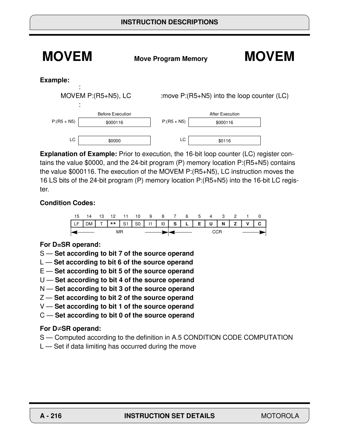 Motorola 24-Bit Digital Signal Processor, DSP56000 manual Example, Movem PR5+N5, LC 