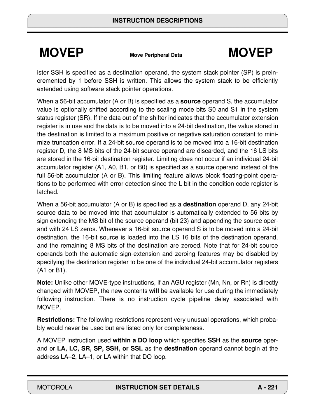 Motorola DSP56000, 24-Bit Digital Signal Processor manual Movep 