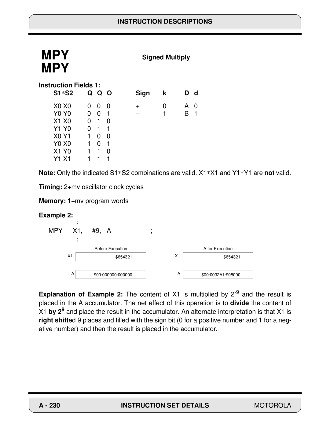 Motorola 24-Bit Digital Signal Processor, DSP56000 manual Signed Multiply Instruction Fields S1∗S2 