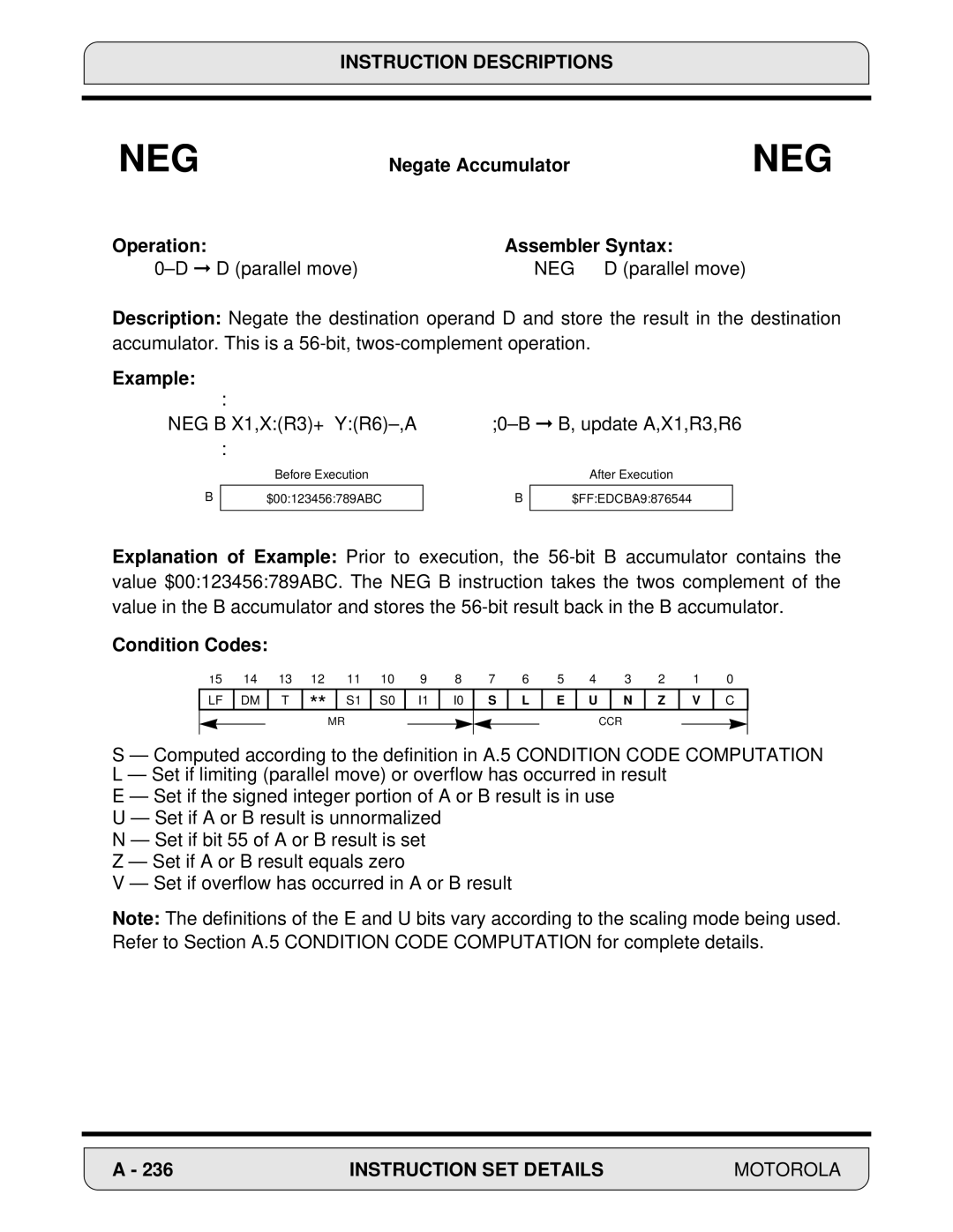 Motorola 24-Bit Digital Signal Processor, DSP56000 manual Negate Accumulator, Operation Assembler Syntax 