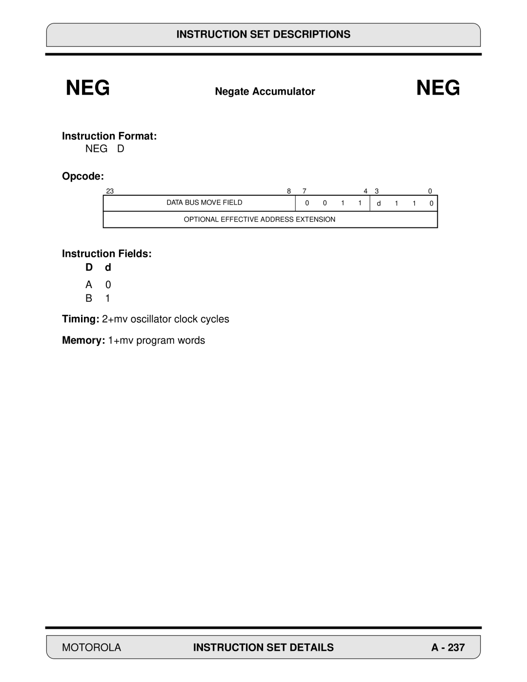 Motorola DSP56000, 24-Bit Digital Signal Processor manual Neg D 