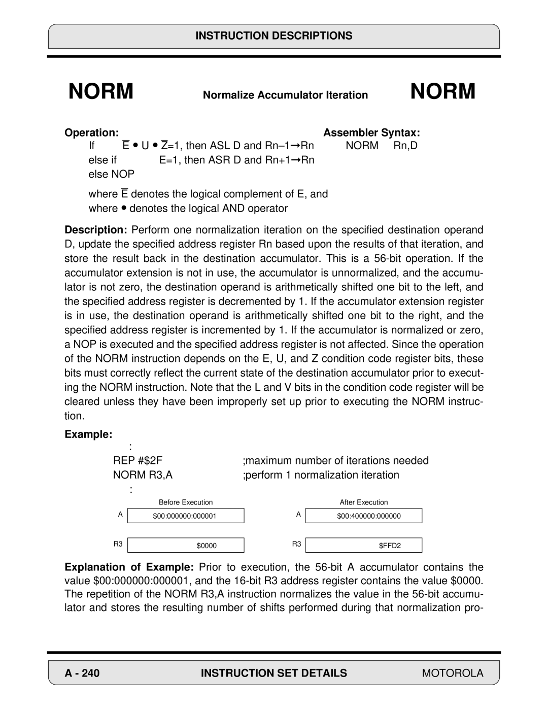 Motorola 24-Bit Digital Signal Processor, DSP56000 manual Normalize Accumulator Iteration, Norm R3,A 