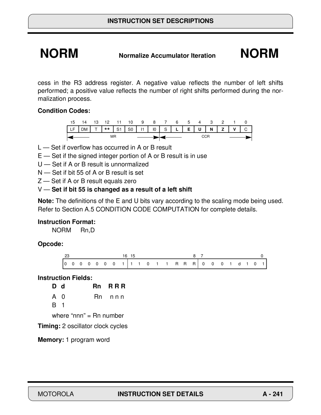 Motorola DSP56000, 24-Bit Digital Signal Processor manual Normalize Accumulator Iteration Norm, Condition Codes 