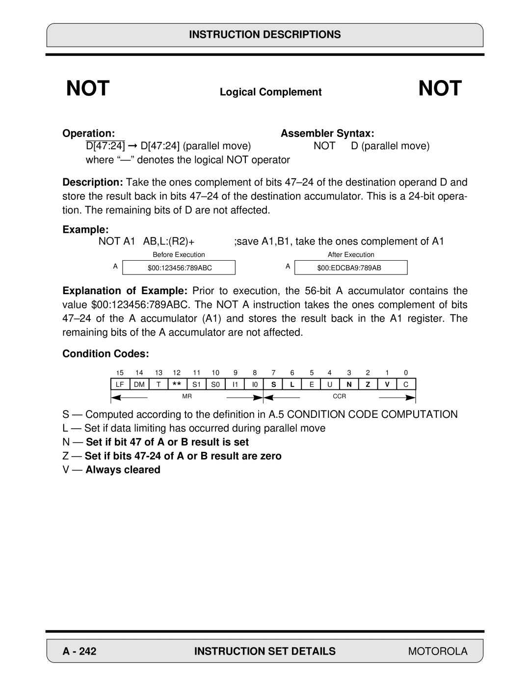 Motorola 24-Bit Digital Signal Processor, DSP56000 manual Logical Complement, Not 