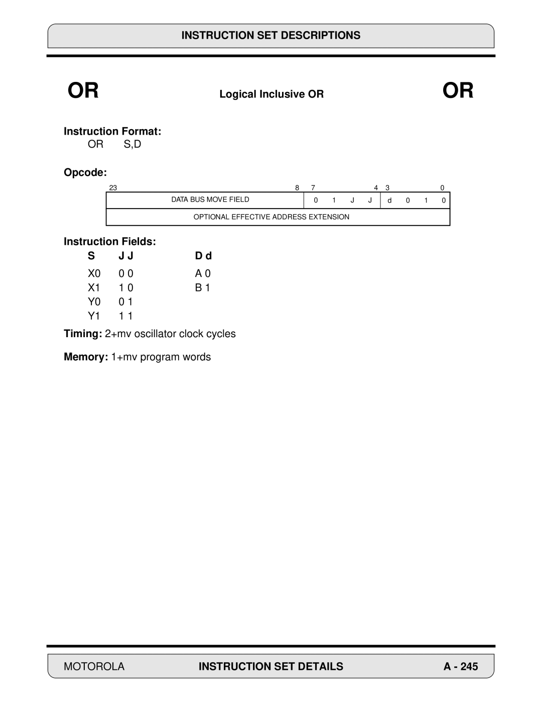 Motorola DSP56000, 24-Bit Digital Signal Processor manual Logical Inclusive or, Instruction Format Opcode 