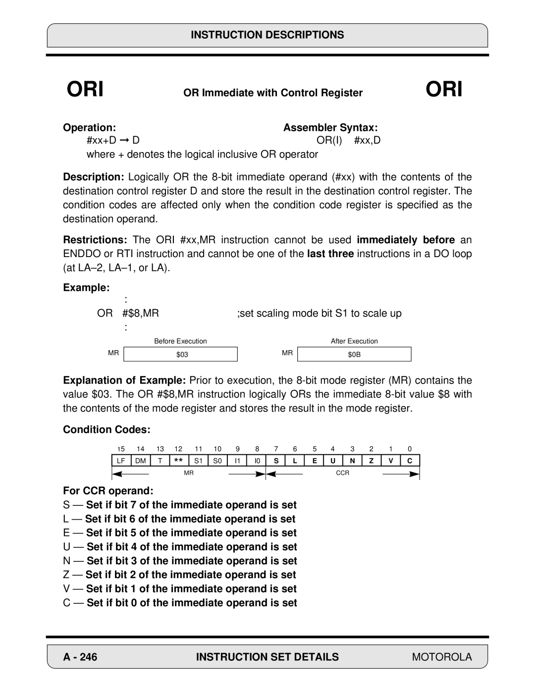 Motorola 24-Bit Digital Signal Processor, DSP56000 manual Or Immediate with Control Register, Operation Assembler Syntax 