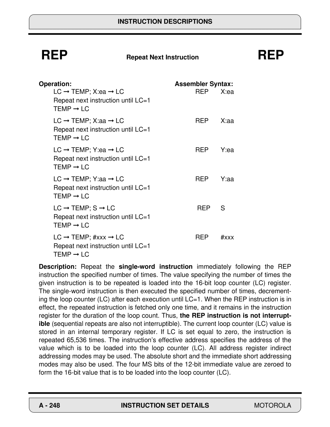 Motorola 24-Bit Digital Signal Processor, DSP56000 manual Repeat Next Instruction, Temp LC LC Temp S LC REP 