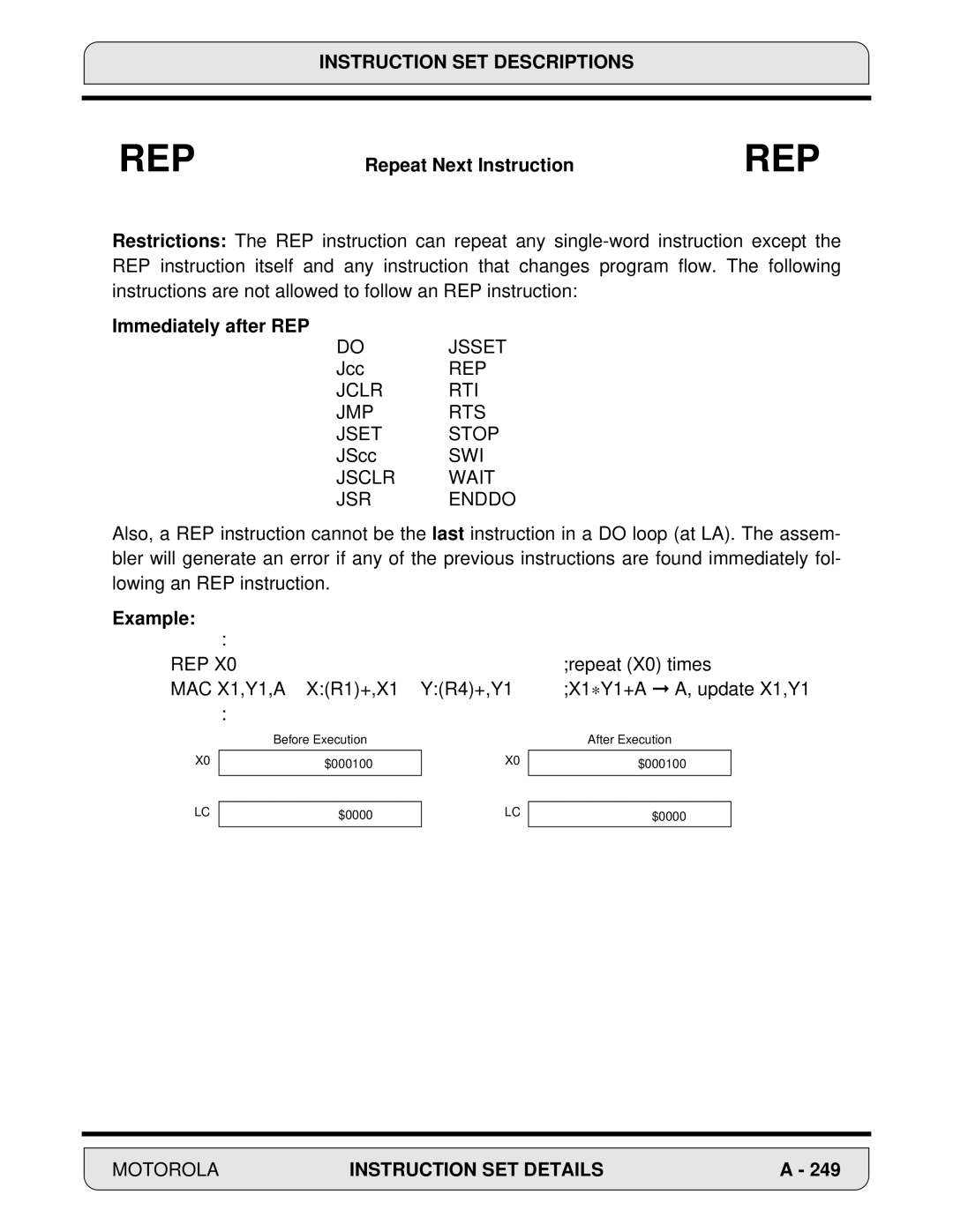 Motorola DSP56000 manual Immediately after REP, Jclr RTI JMP RTS Jset Stop, Jsclr Wait JSR Enddo, REP MAC X1,Y1,A 