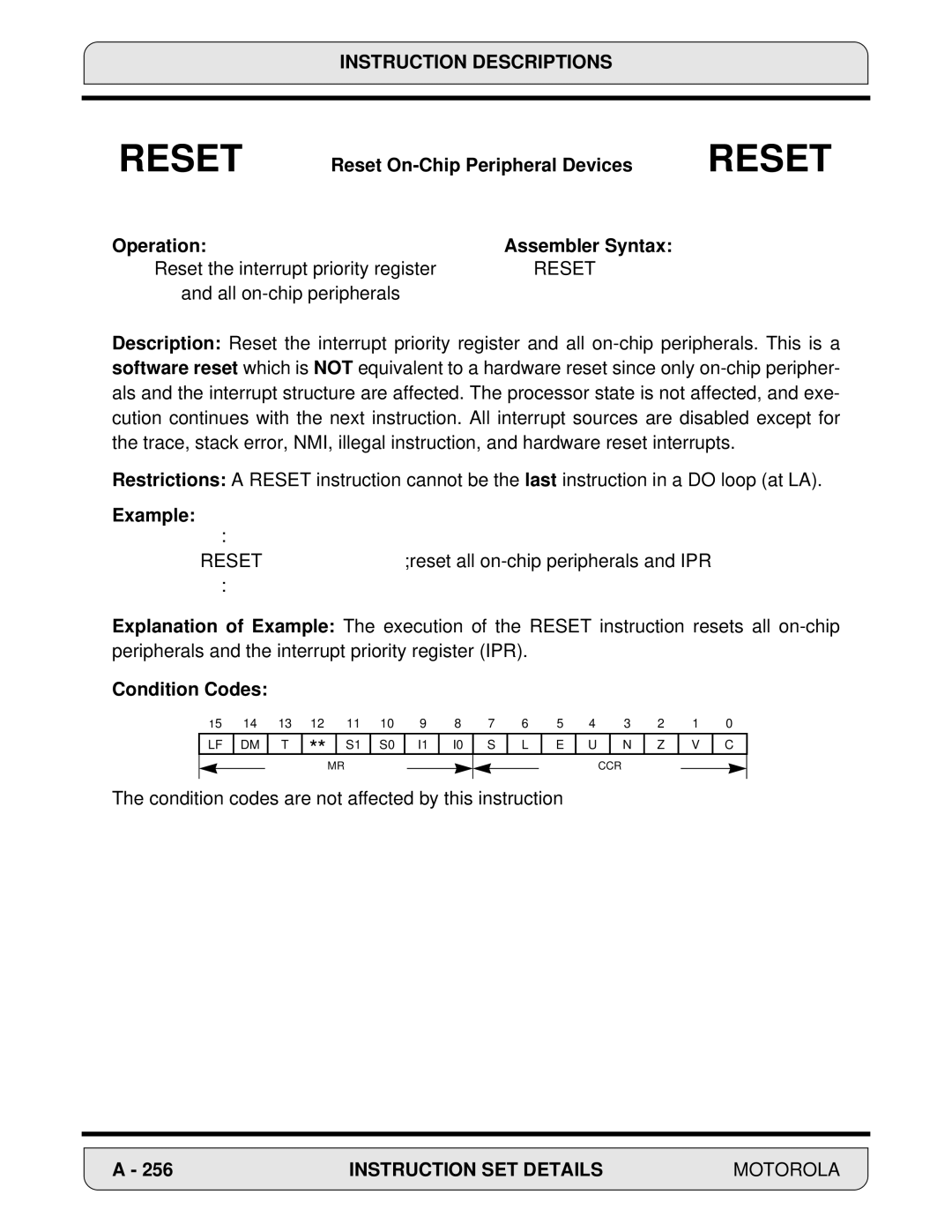 Motorola 24-Bit Digital Signal Processor, DSP56000 manual Reset On-Chip Peripheral Devices, Operation Assembler Syntax 