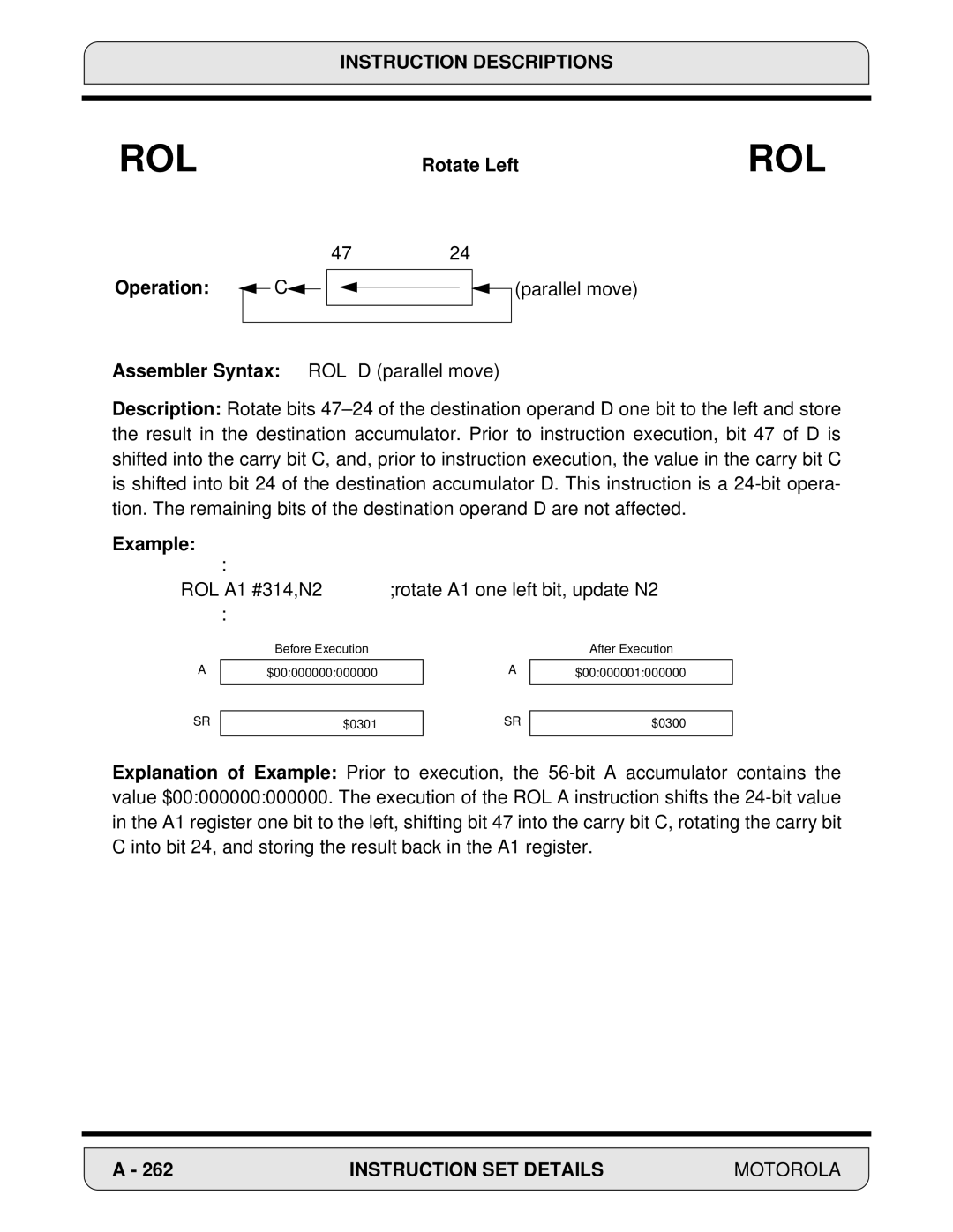 Motorola 24-Bit Digital Signal Processor, DSP56000 manual Rotate Left, Operation 