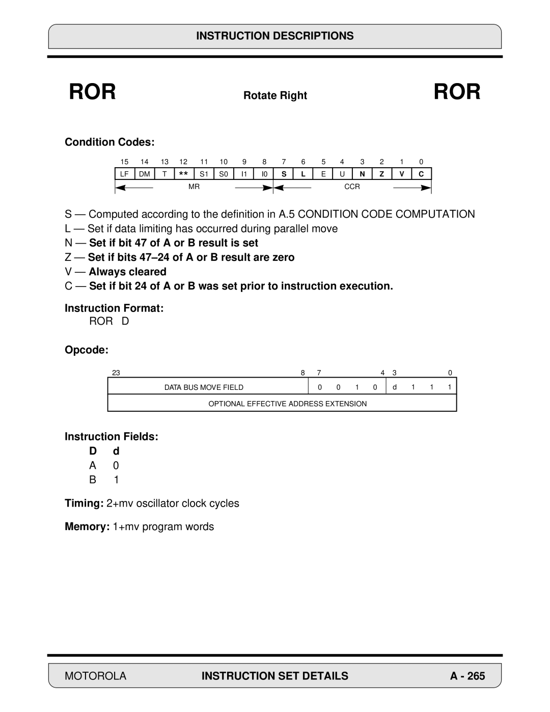 Motorola DSP56000, 24-Bit Digital Signal Processor manual Ror D, Opcode 