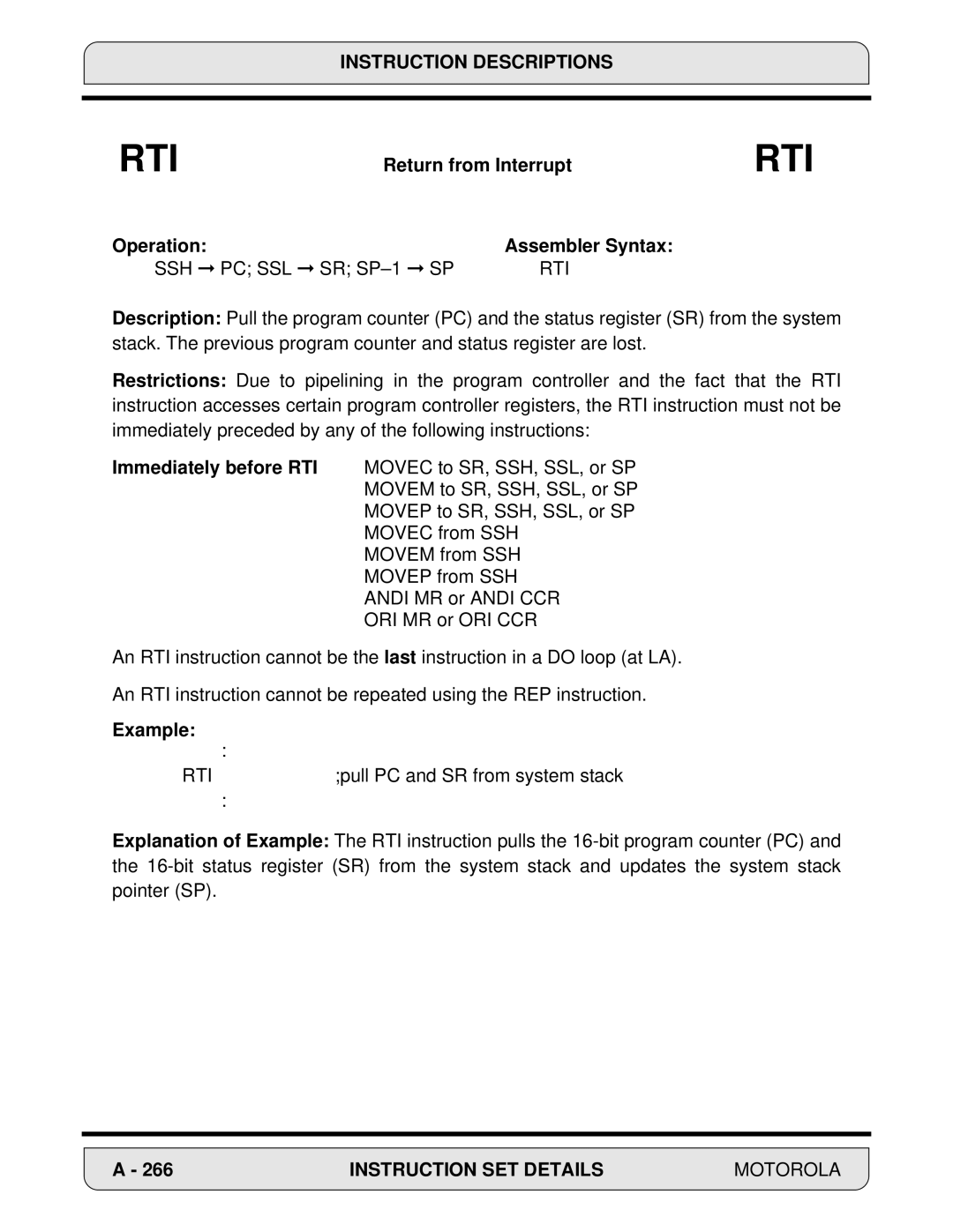 Motorola 24-Bit Digital Signal Processor, DSP56000 manual Return from Interrupt, Operation Assembler Syntax 