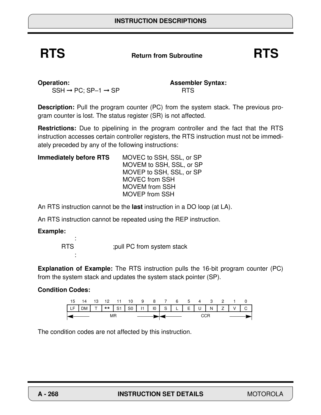 Motorola 24-Bit Digital Signal Processor, DSP56000 manual Return from Subroutine, Rts 