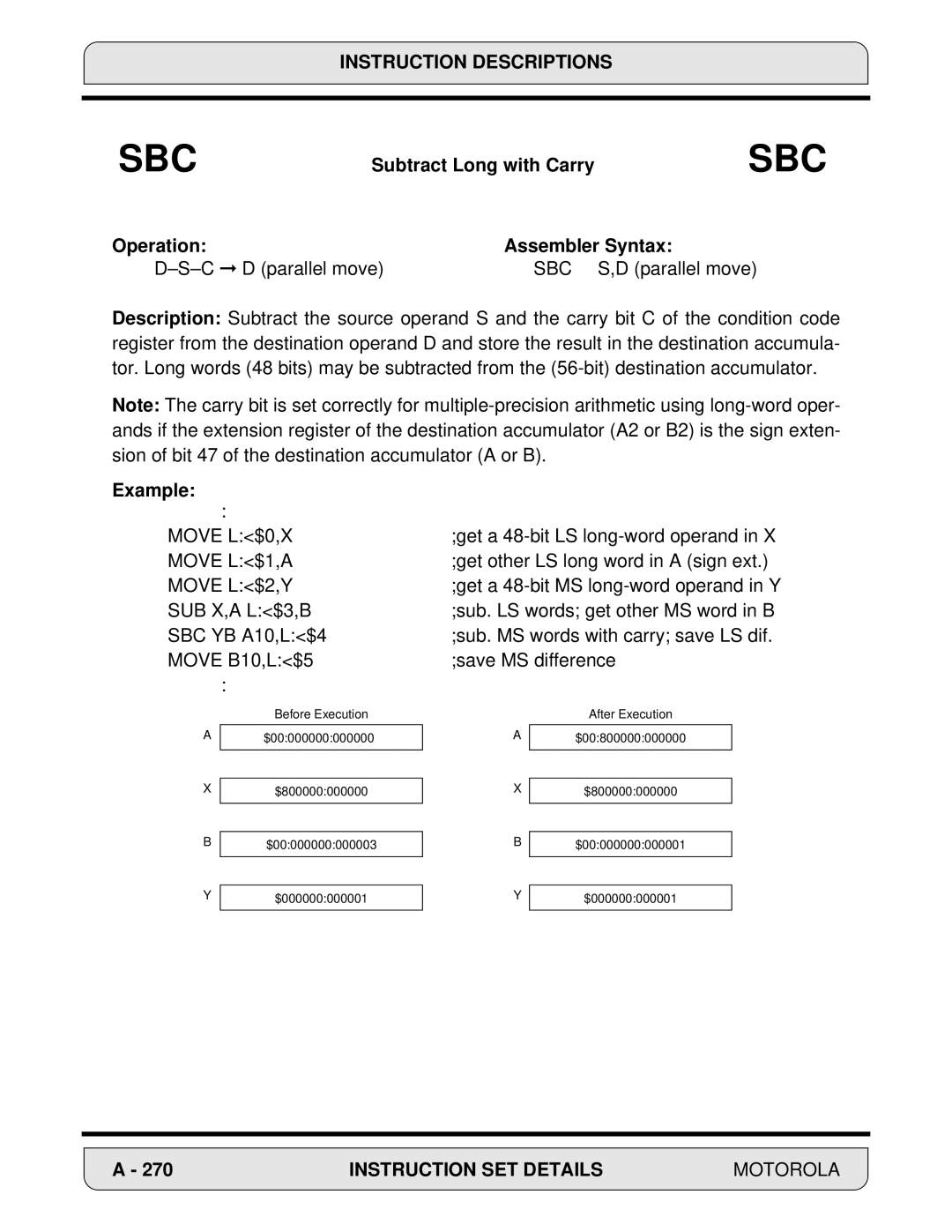 Motorola 24-Bit Digital Signal Processor, DSP56000 manual Subtract Long with Carry, Sbc 