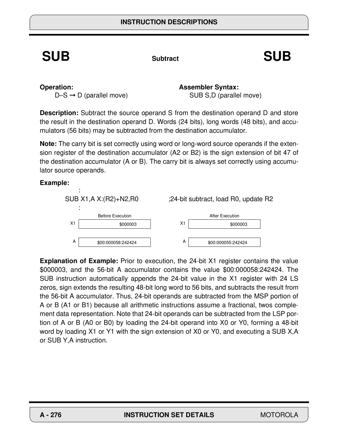 Motorola 24-Bit Digital Signal Processor, DSP56000 manual Subtract 