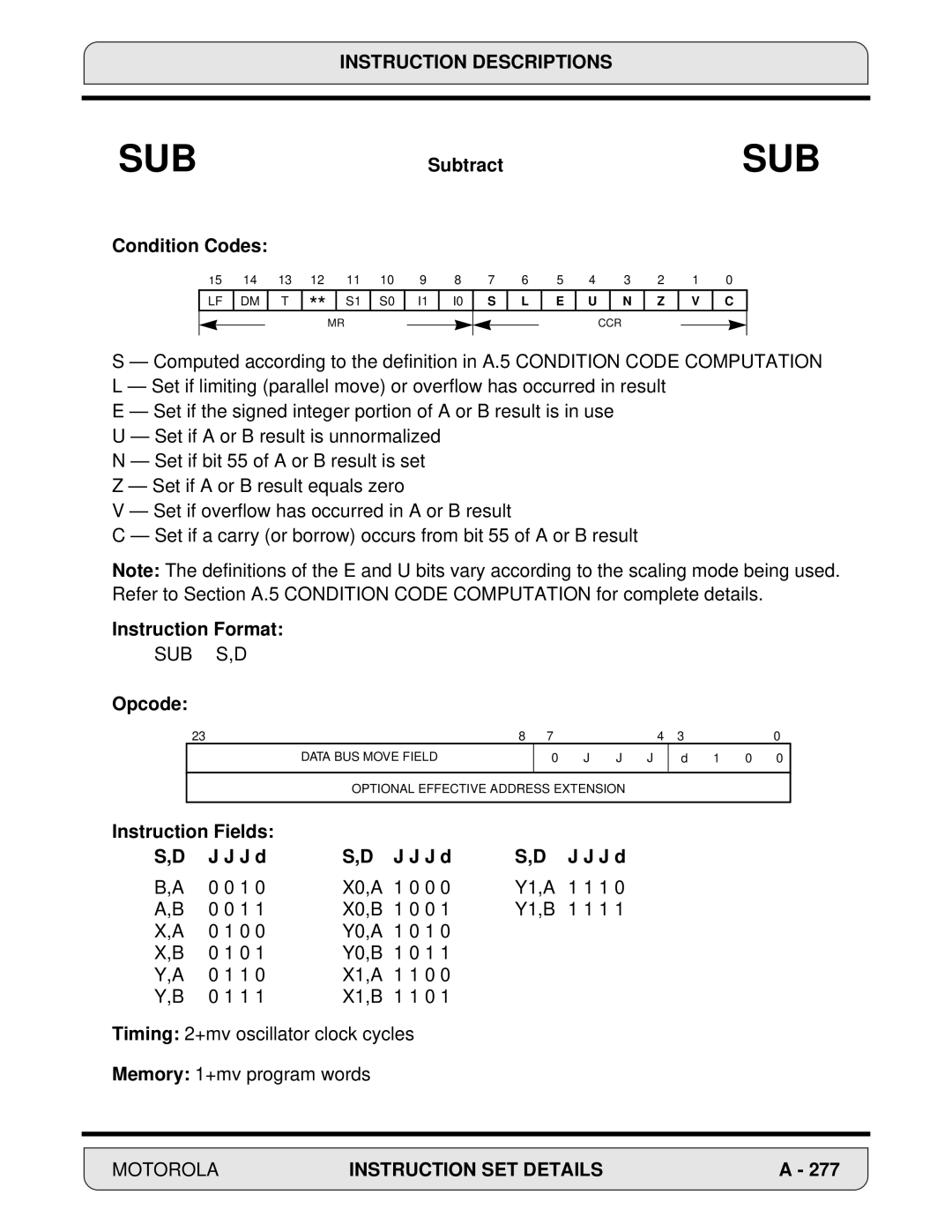 Motorola DSP56000, 24-Bit Digital Signal Processor manual Sub S,D, Opcode 