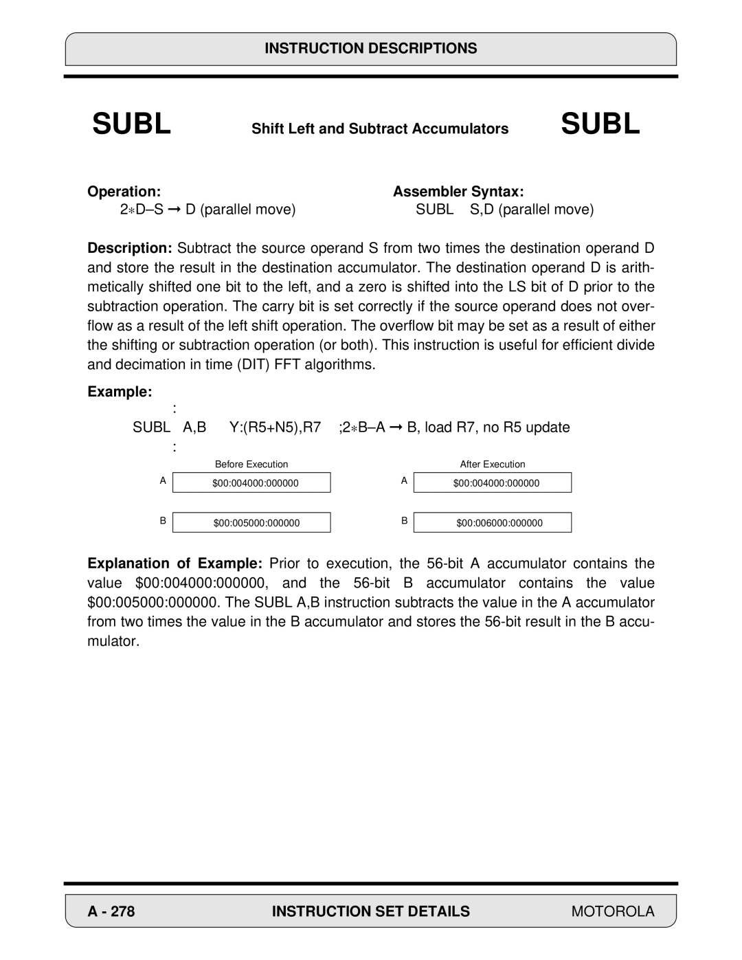 Motorola 24-Bit Digital Signal Processor, DSP56000 manual Shift Left and Subtract Accumulators 