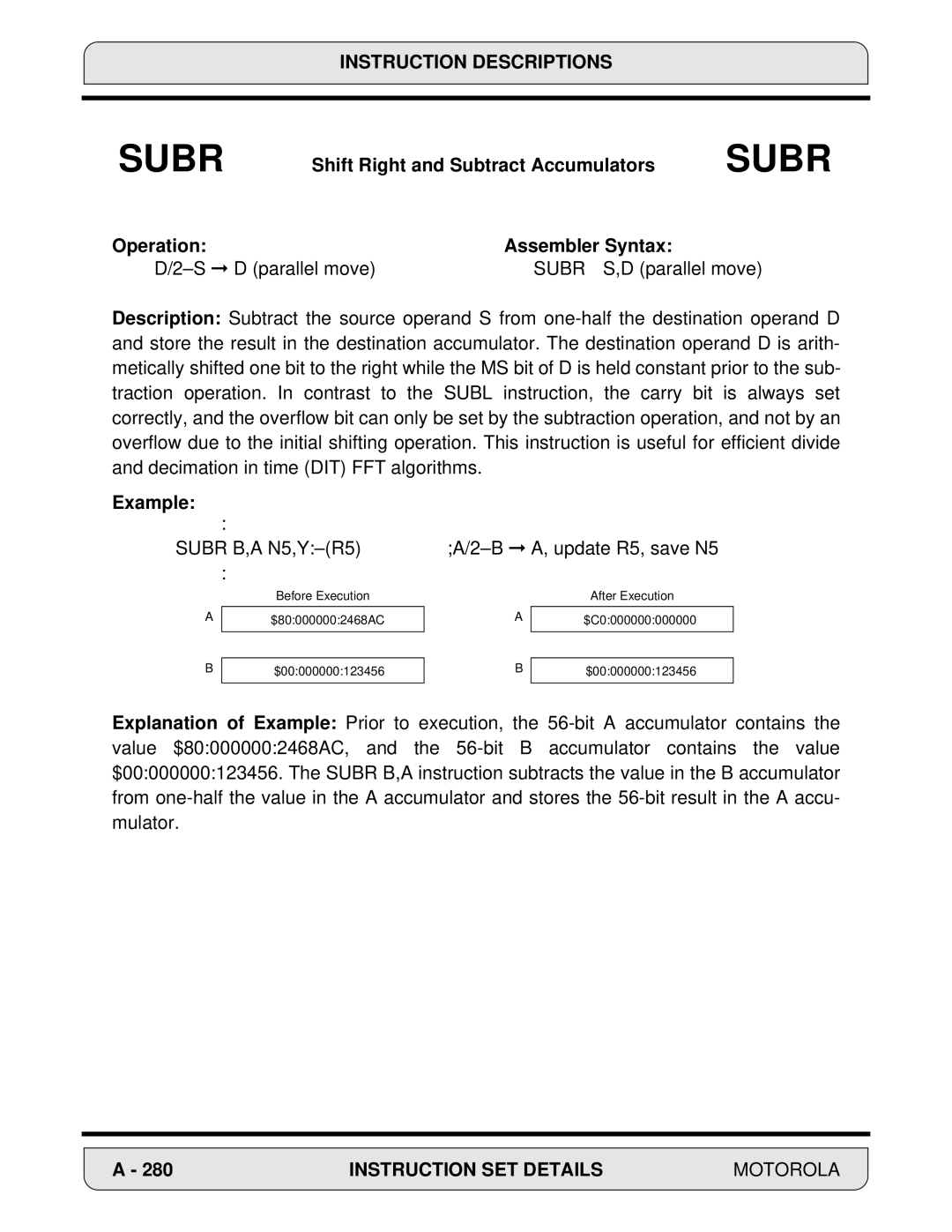 Motorola 24-Bit Digital Signal Processor, DSP56000 manual Shift Right and Subtract Accumulators 