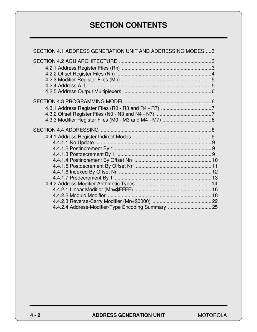 Motorola 24-Bit Digital Signal Processor, DSP56000 manual Programming Model, Addressing, Address Generation Unit Motorola 