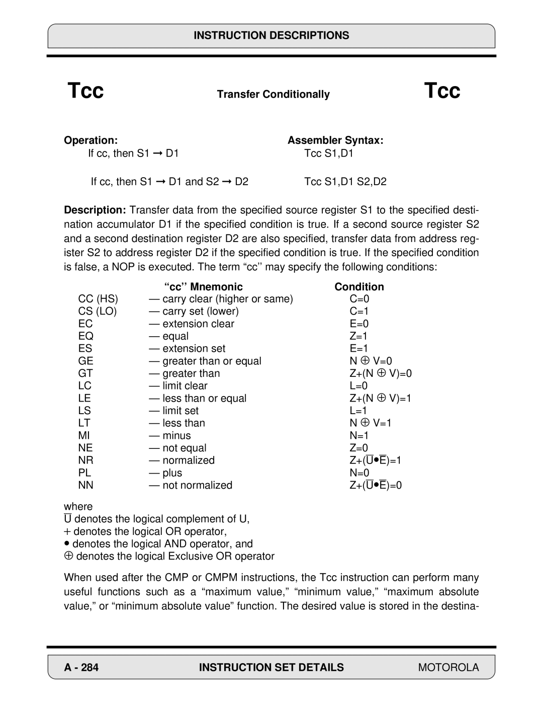 Motorola 24-Bit Digital Signal Processor, DSP56000 manual Transfer Conditionally, Cc’’ Mnemonic Condition 