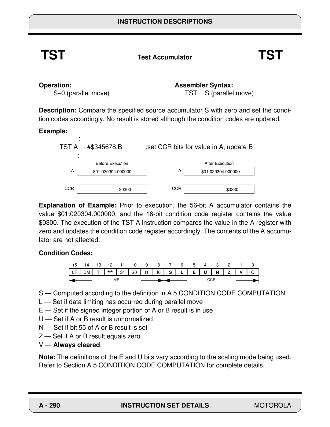 Motorola 24-Bit Digital Signal Processor, DSP56000 manual Test Accumulator, Tst 