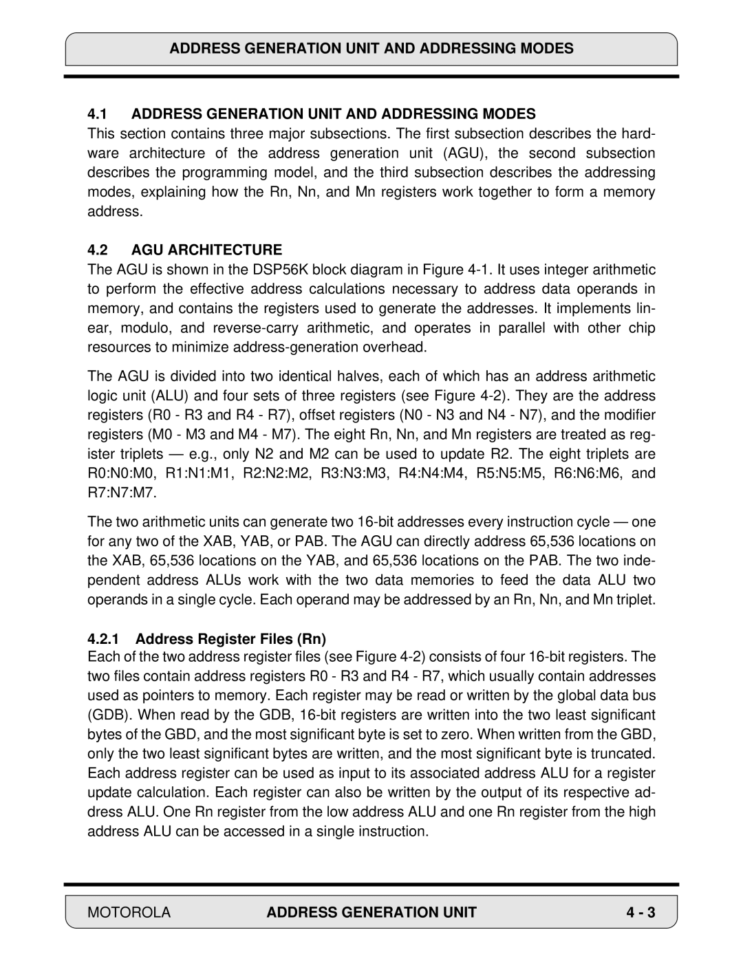 Motorola DSP56000 manual Address Generation Unit and Addressing Modes, AGU Architecture, Address Register Files Rn 