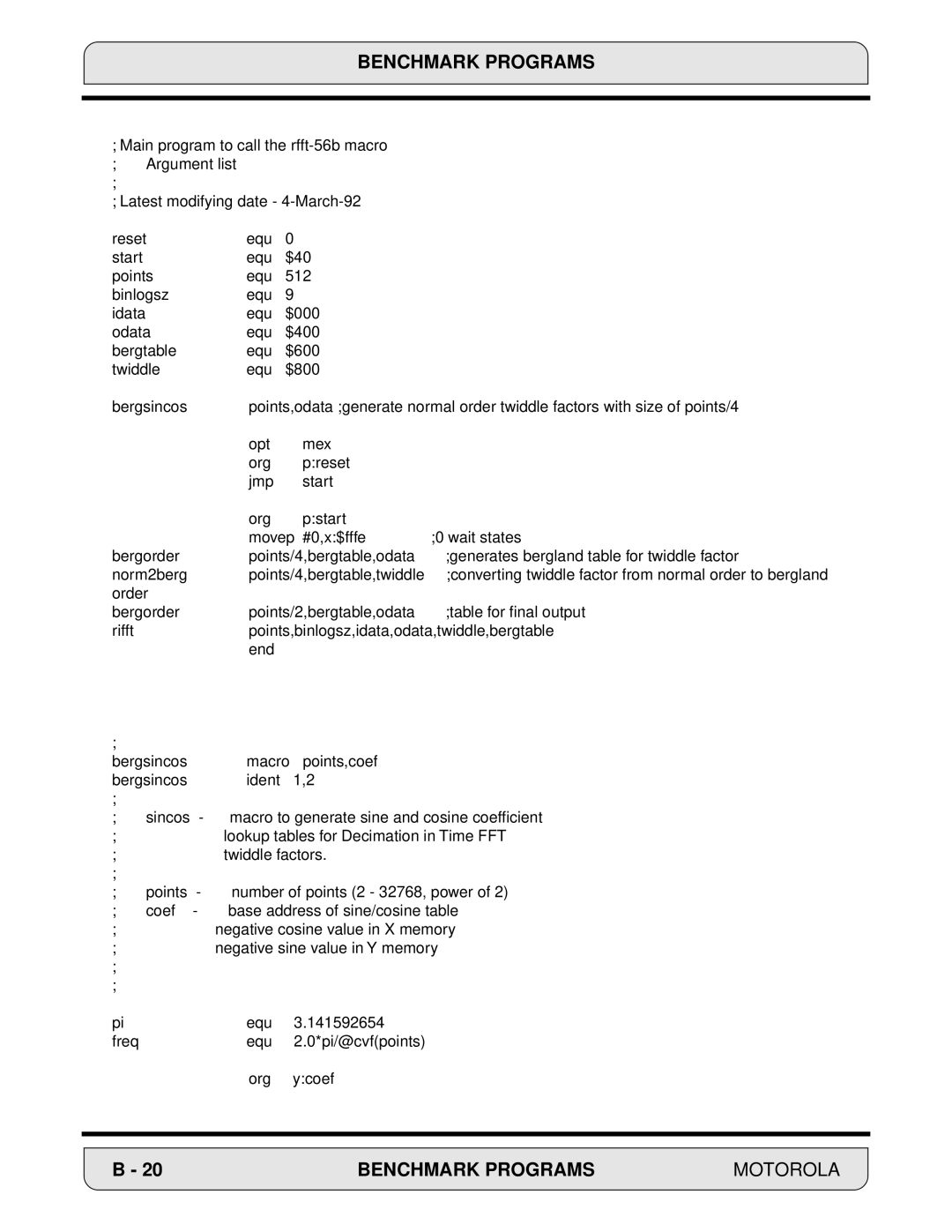 Motorola DSP56000, 24-Bit Digital Signal Processor manual Benchmark Programs 