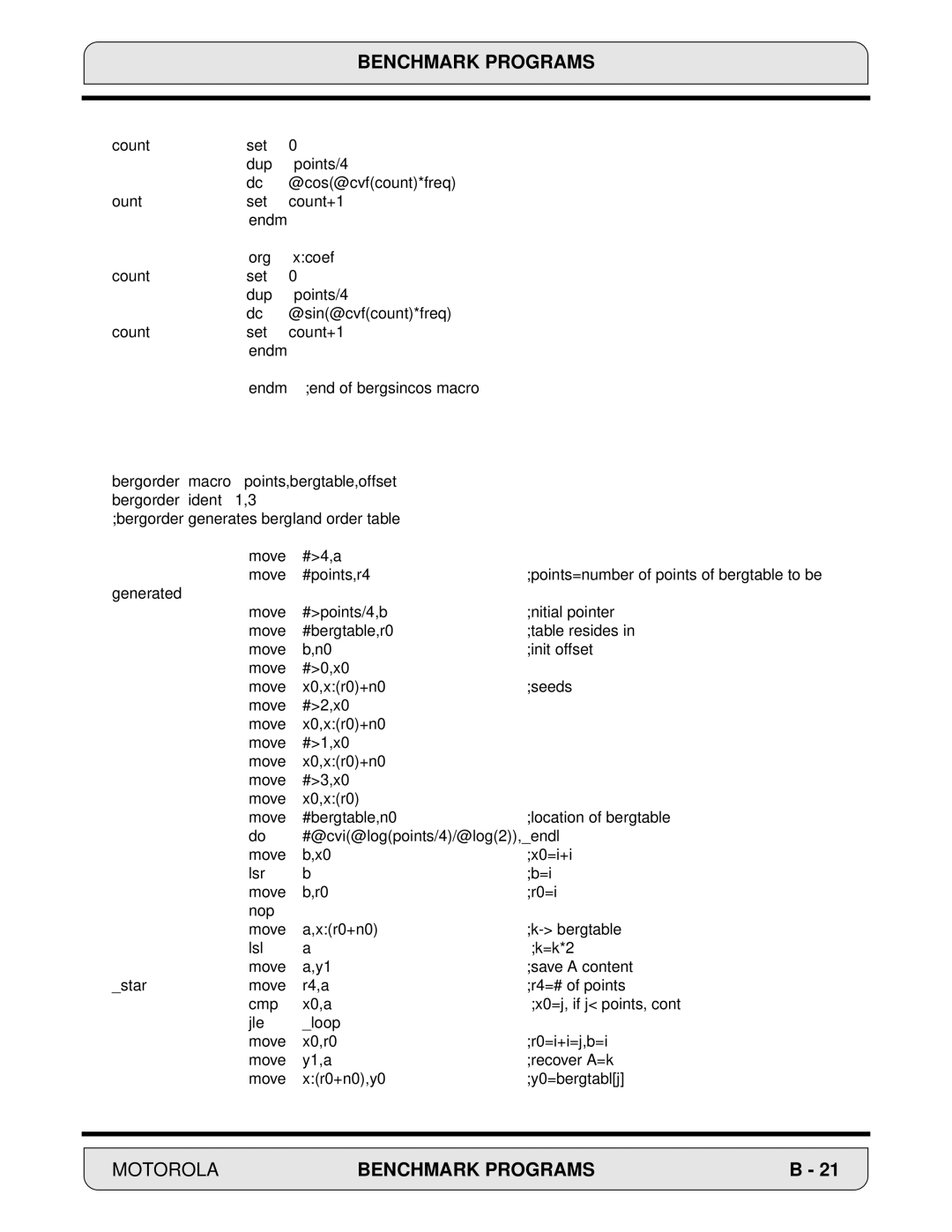 Motorola 24-Bit Digital Signal Processor, DSP56000 manual Benchmark Programs 