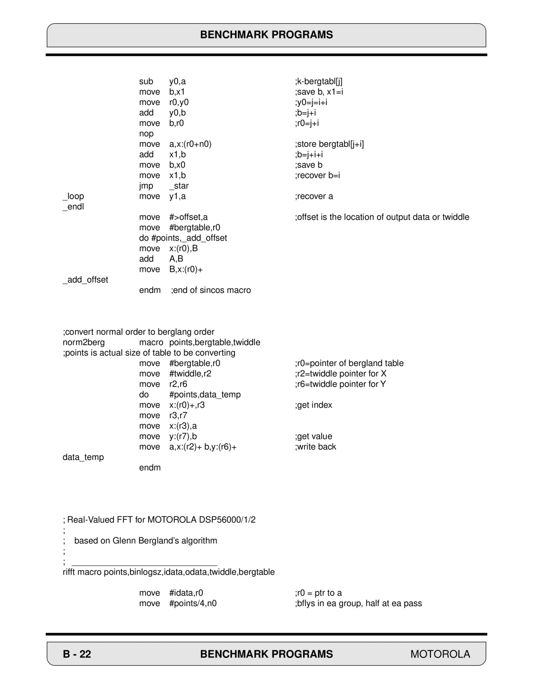 Motorola DSP56000, 24-Bit Digital Signal Processor manual Benchmark Programs 