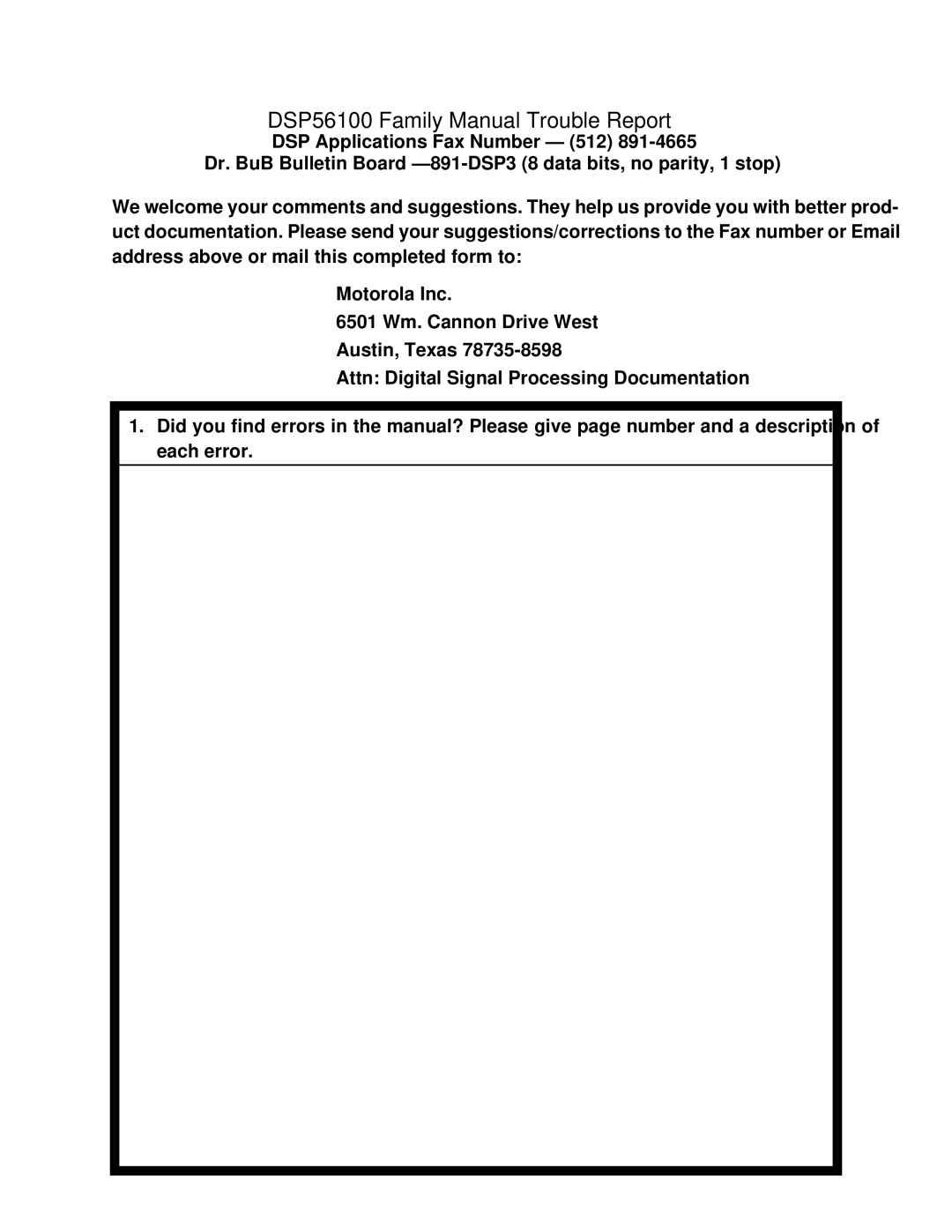 Motorola 24-Bit Digital Signal Processor, DSP56000 manual DSP56100 Family Manual Trouble Report 