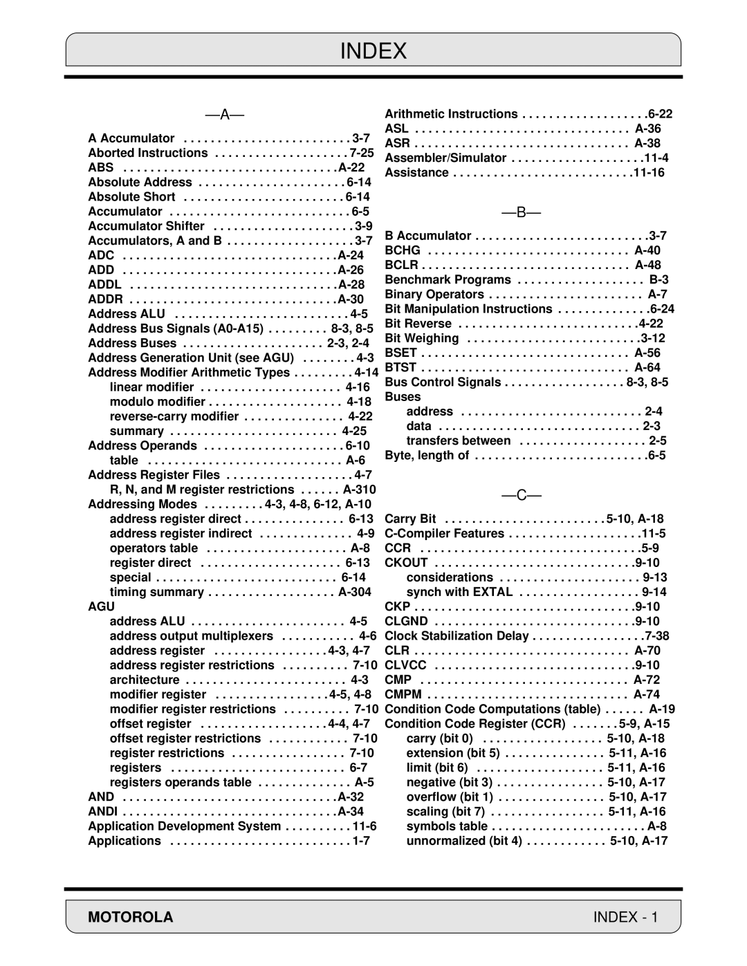 Motorola 24-Bit Digital Signal Processor, DSP56000 manual Index 