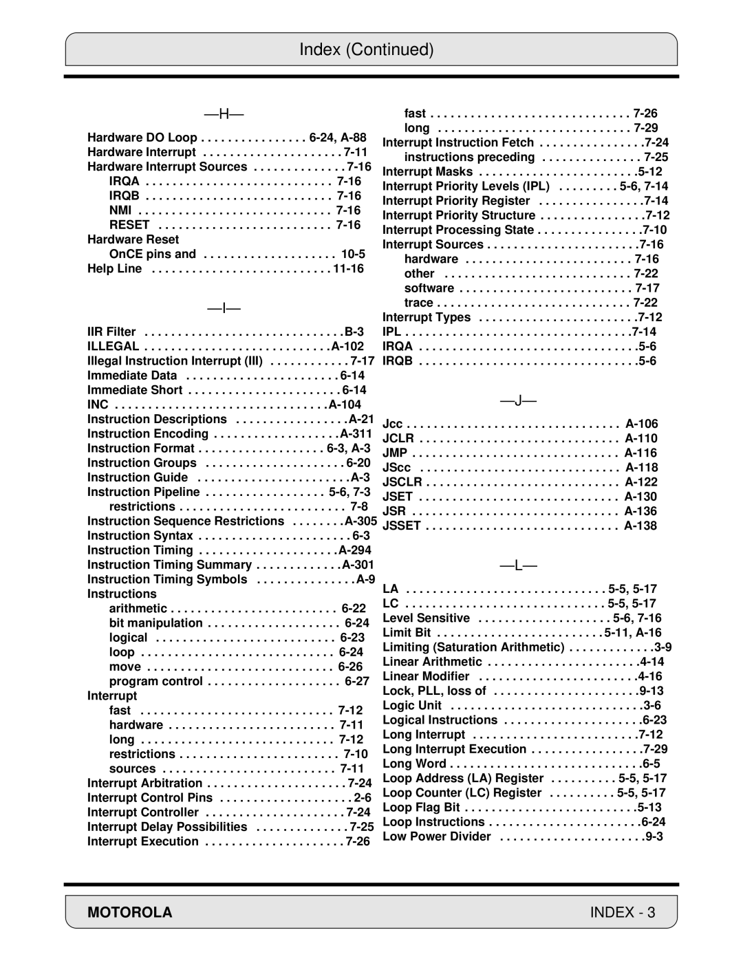 Motorola 24-Bit Digital Signal Processor, DSP56000 manual Index 