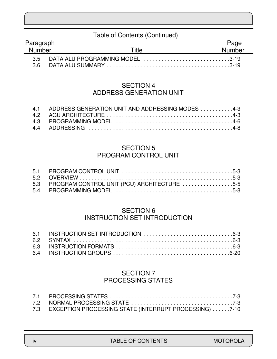 Motorola 24-Bit Digital Signal Processor, DSP56000 manual Number Title, Table of Contents Motorola 