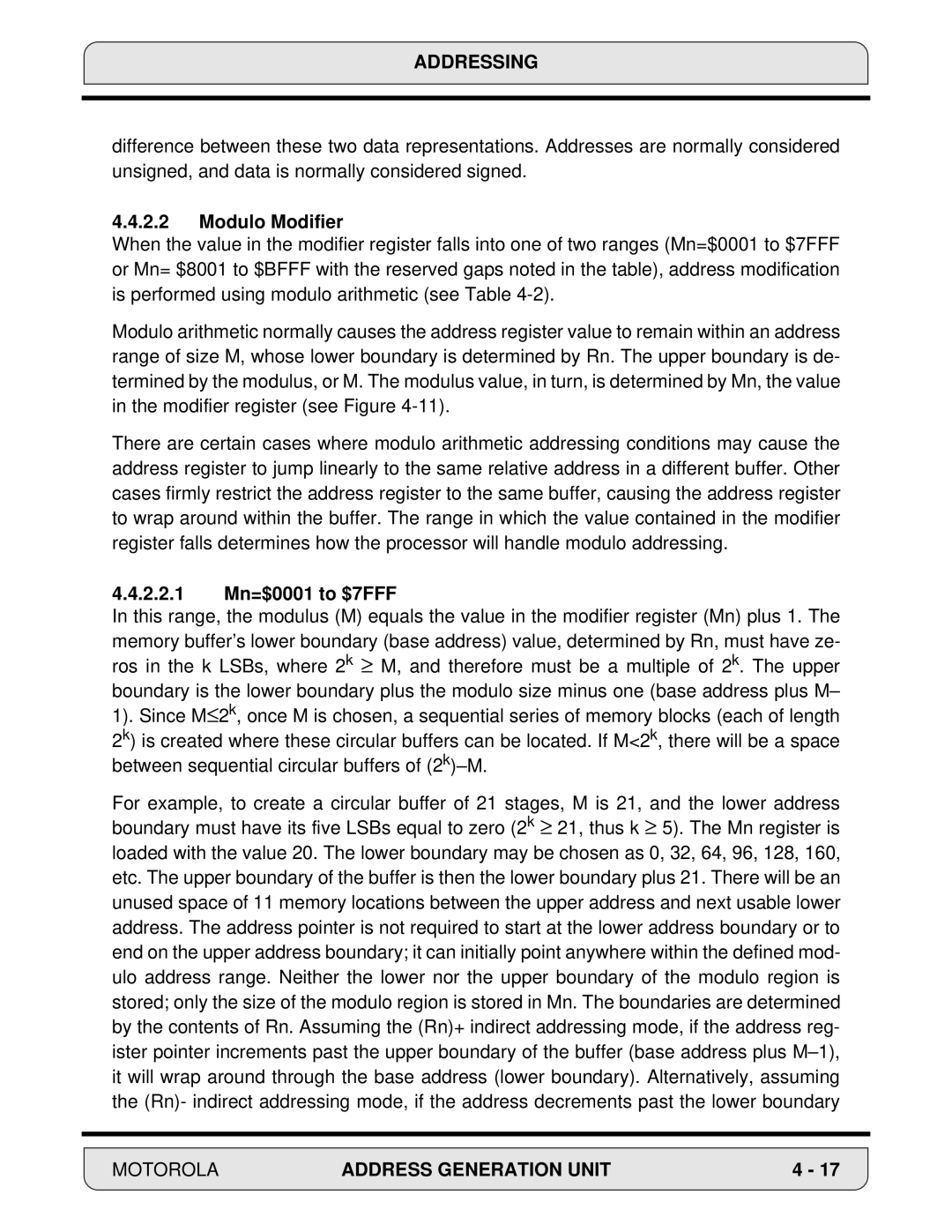 Motorola DSP56000, 24-Bit Digital Signal Processor manual Modulo Modifier, 2.2.1 Mn=$0001 to $7FFF 