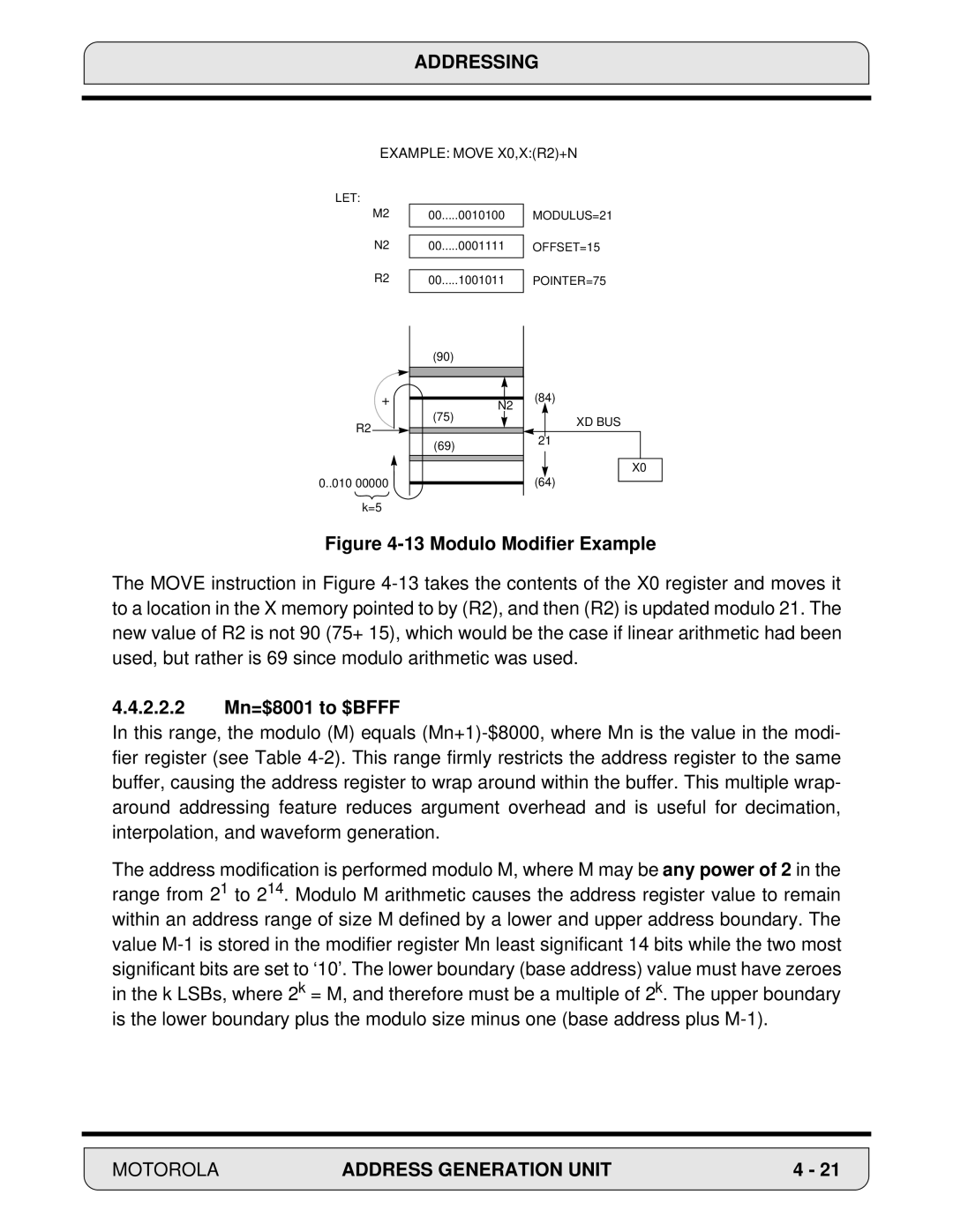 Motorola DSP56000, 24-Bit Digital Signal Processor manual Modulo Modifier Example, 2.2.2 Mn=$8001 to $BFFF 